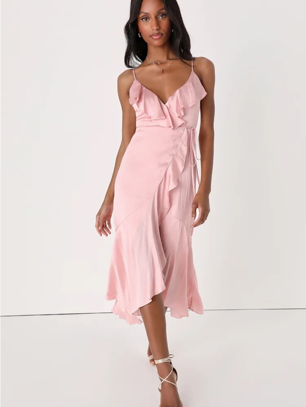 Lulu's Blush Pink Ruffle Wrap Midi Dress
